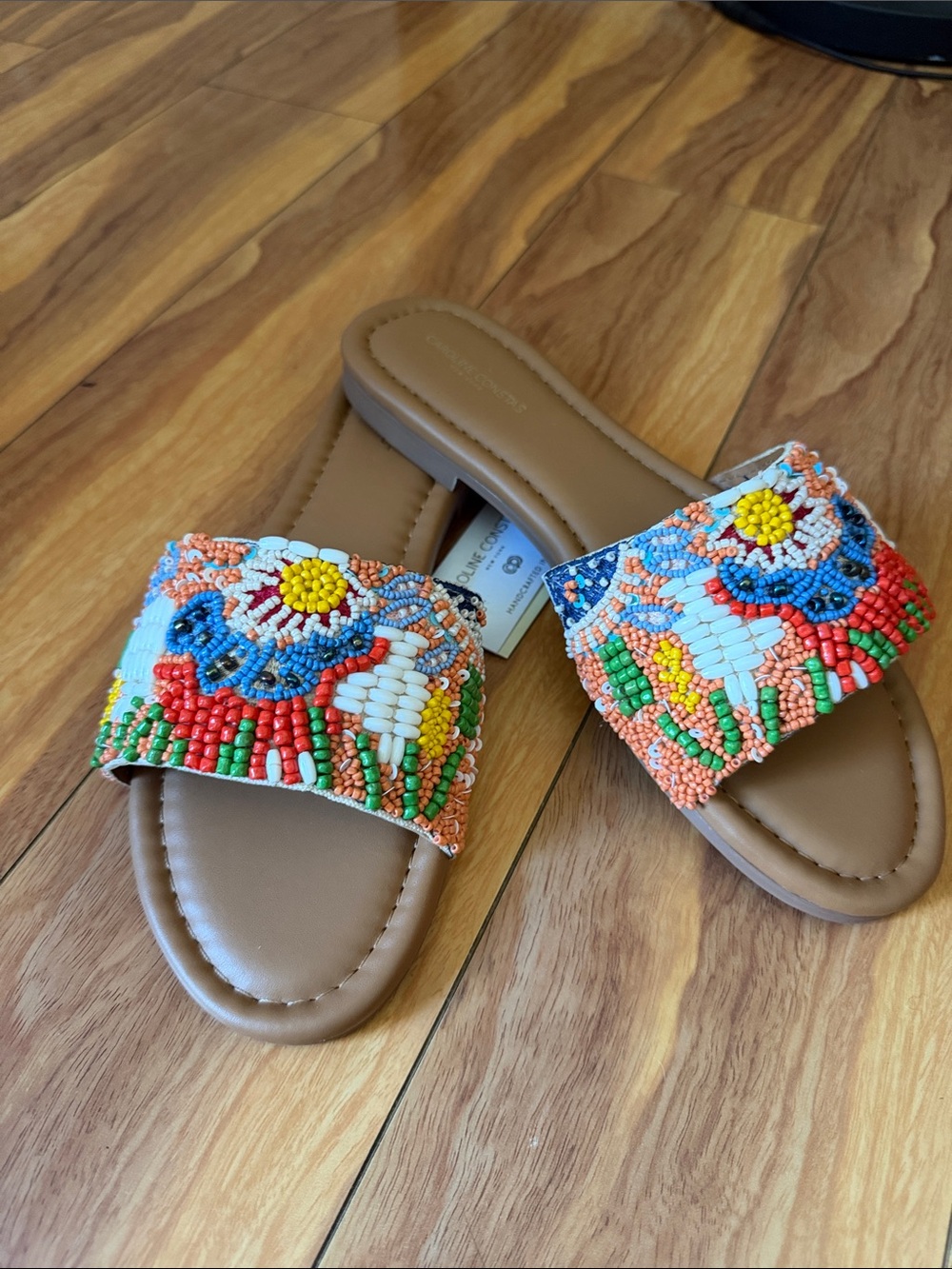 Caroline Constas Multicolor Beaded Tan Slide Sandals